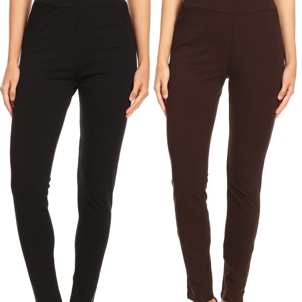 Womens 2 Pair Premium Cotton Wide Waistband Full Length Legging Tight Pants